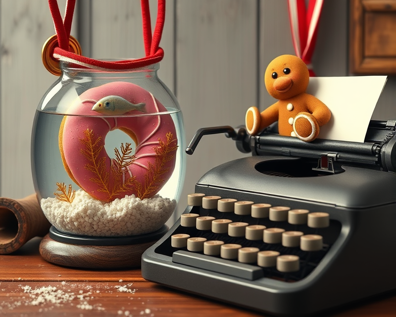 donut, medal, fish tank, gingerbread, typewriter